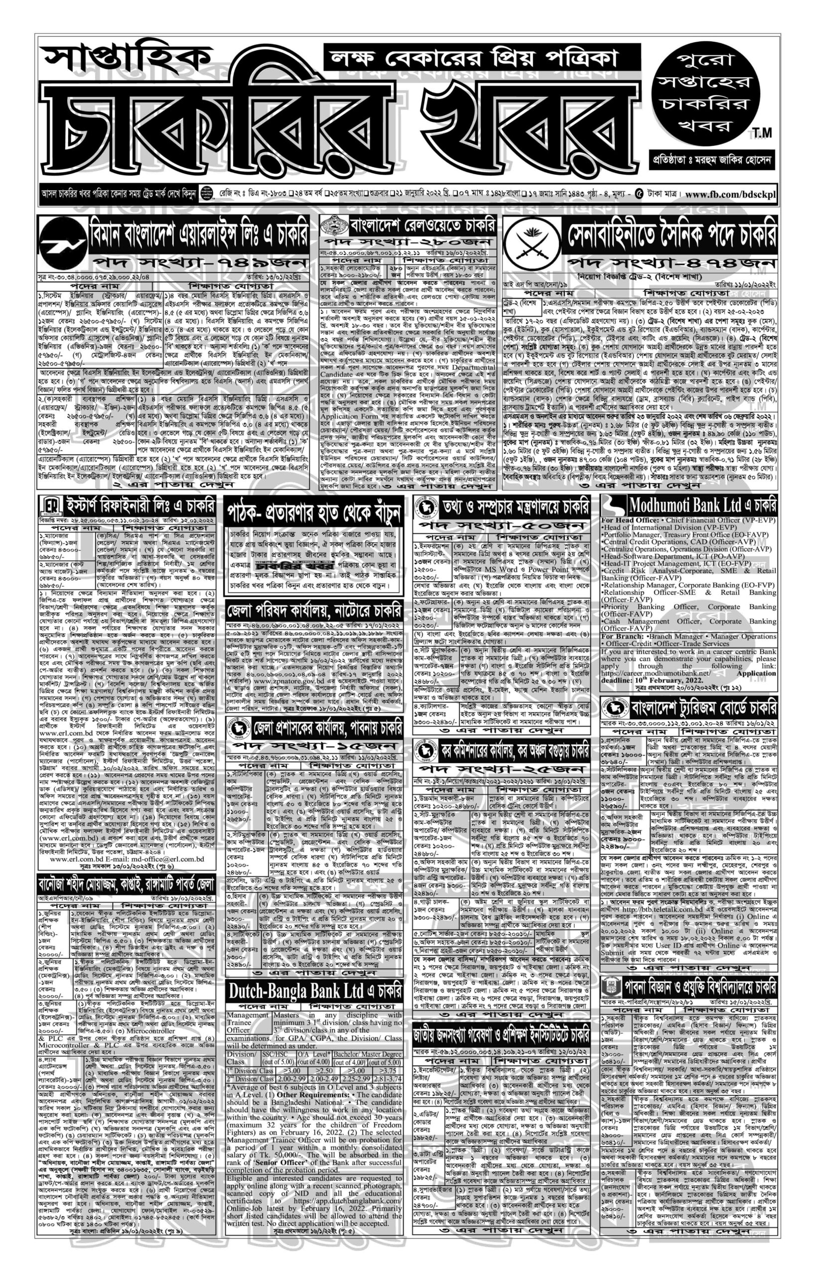 Saptahik Chakrir Khobor, সাপ্তাহিক চাকরির খবর, Saptahik Chakrir Khobor Potrika 21-01-2022, সাপ্তাহিক চাকরির খবর পত্রিকা