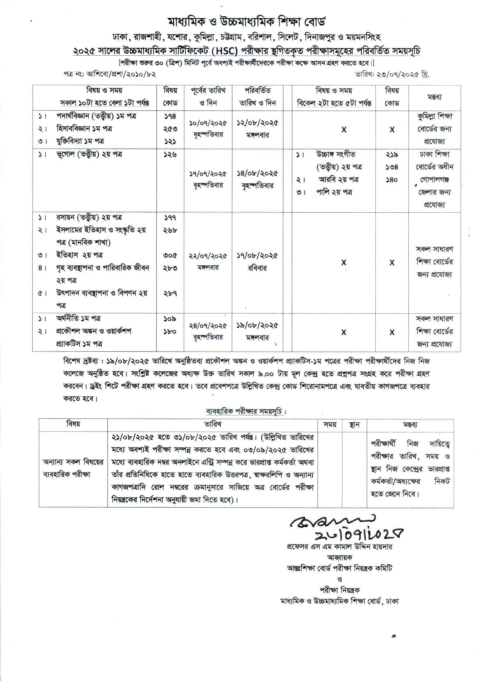 ২০২৫ সালের উচ্চমাধ্যমিক সার্টিফিকেট (HSC) পরীক্ষার স্থগিতকৃত পরীক্ষাসমূহের পরিবর্তিত সময়সূচি (রুটিন) প্রকাশিত