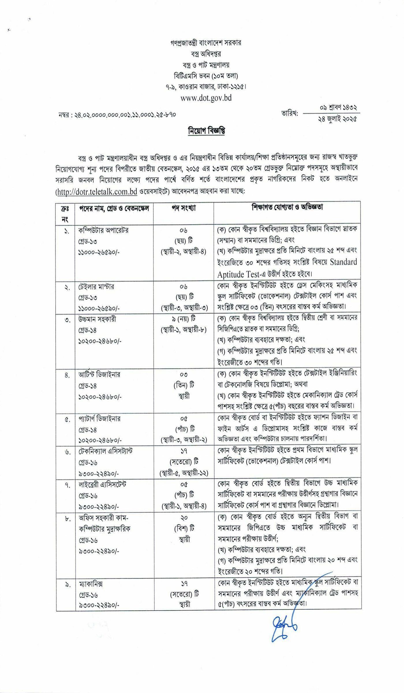 বস্ত্র অধিদপ্তর নিয়োগ বিজ্ঞপ্তি ২০২৫, Department of Textiles (DOT) Job Circular 2025, DOT Job Circular 2025,  gov job, govt job bd, govt job circular 2025, govt job circular bd, সরকারি চাকরি, সরকারি চাকরির খবর, সরকারি চাকরির খবর ২০২৫, 