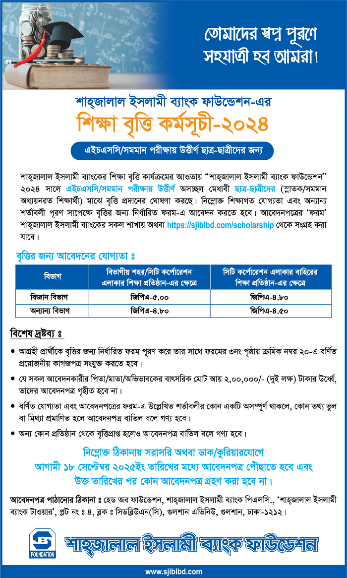 শাহজালাল ইসলামী ব্যাংক ফাউন্ডেশন শিক্ষাবৃত্তি ২০২৫ সার্কুলার, Shahjalal Islami Bank Foundation Scholarship Circular 2025