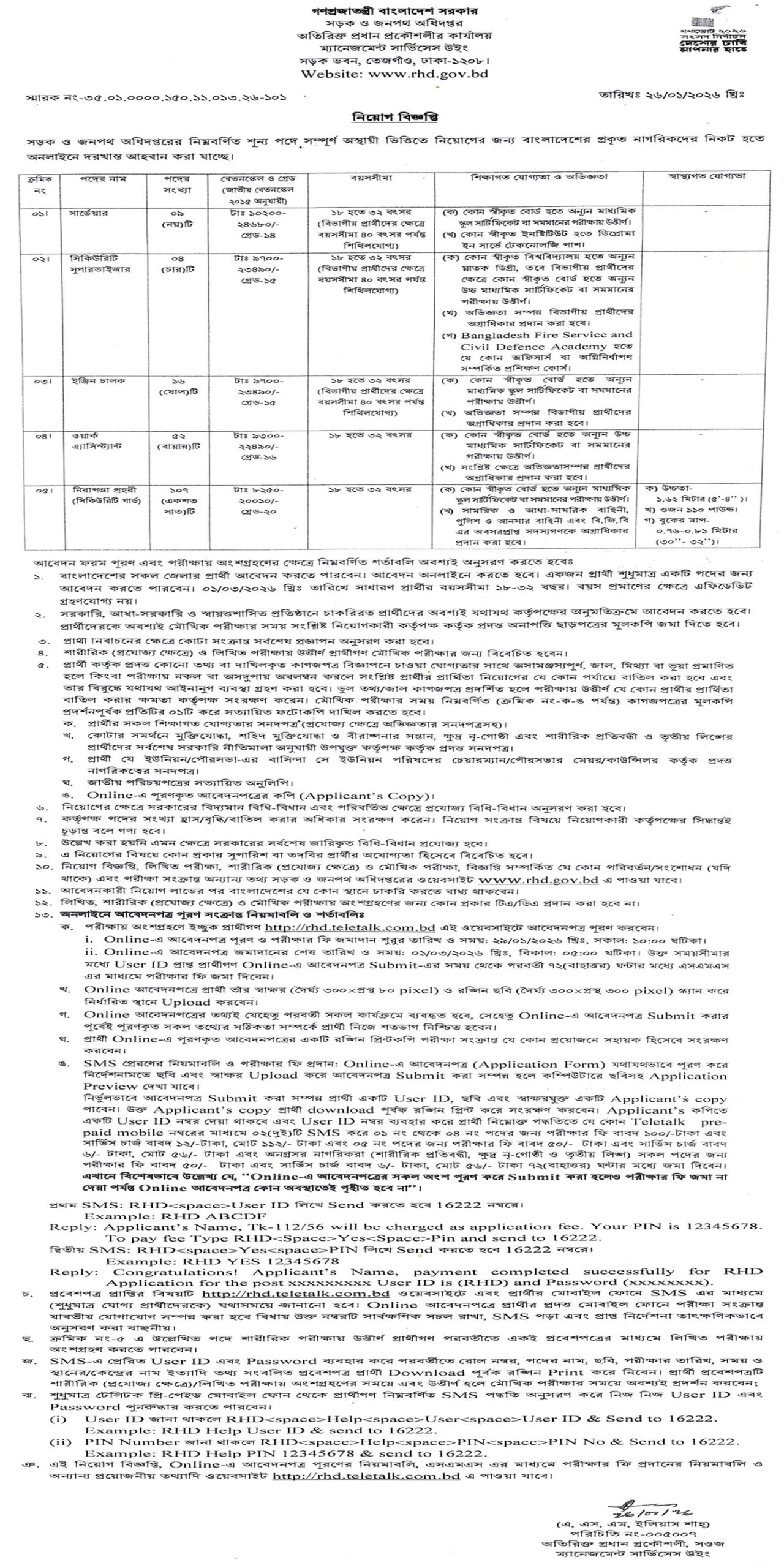 ১৮৮ টি পদে লোক নিয়োগ দেবে সড়ক ও জনপথ অধিদপ্তর, Roads and Highways Department RHD gov bd Job Circular 2026