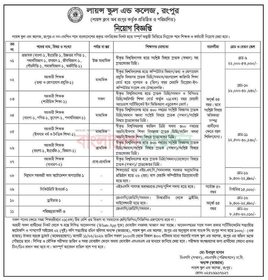 লায়ন্স স্কুল এন্ড কলেজ রংপুরে প্রভাষক এবং সহকারী শিক্ষকসহ বিভিন্ন পদে নিয়োগ বিজ্ঞপ্তি প্রকাশ