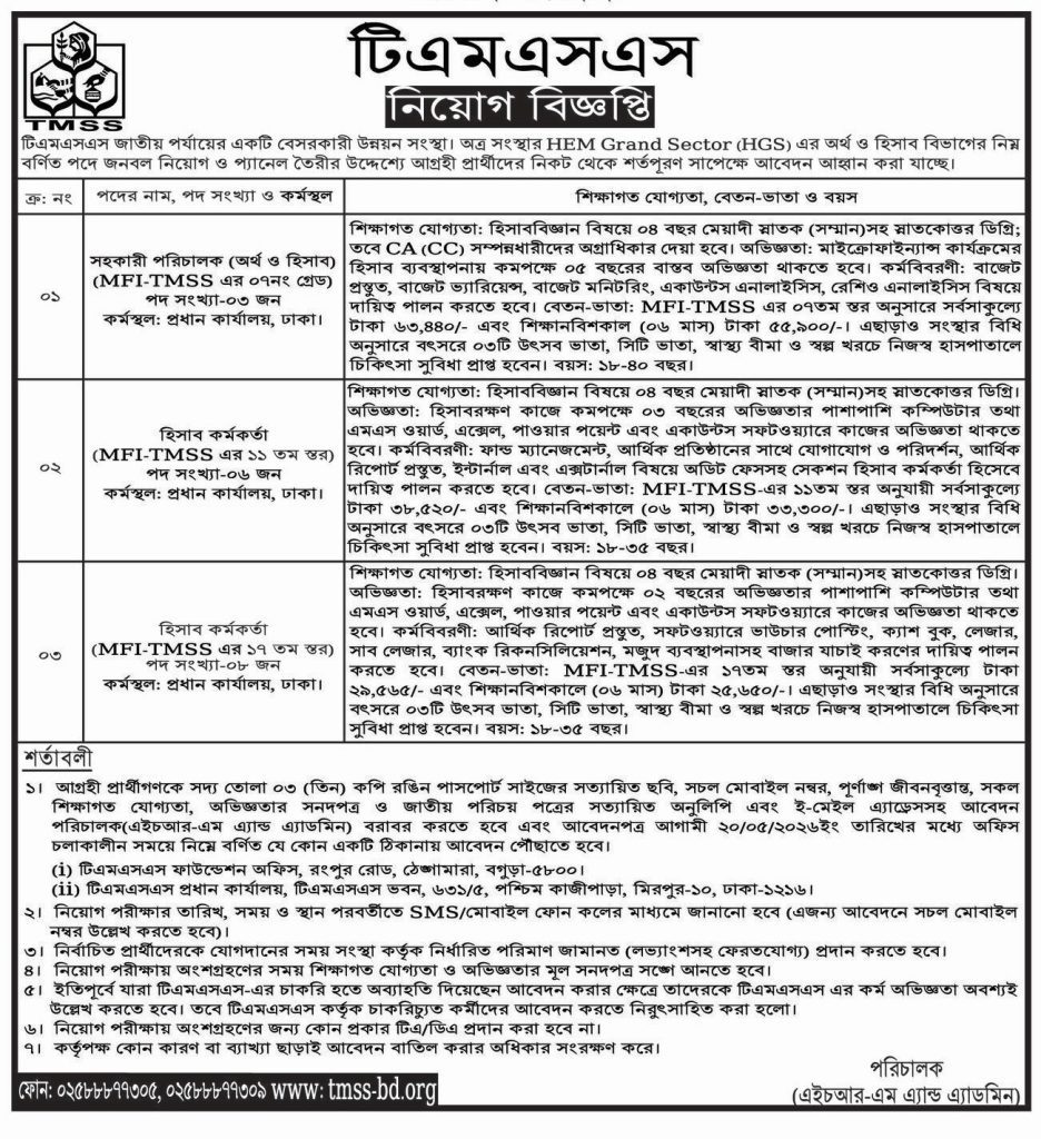 টিএমএসএস নিয়োগ বিজ্ঞপ্তি ২০২৬, TMSS NGO Job Circular 2026