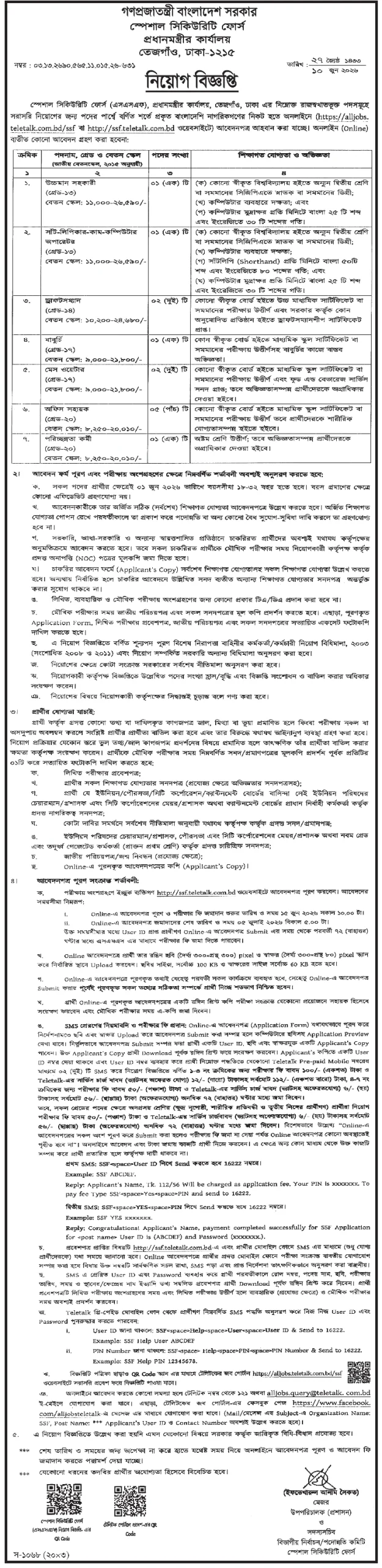 স্পেশাল সিকিউরিটি ফোর্স এসএসএফ নিয়োগ বিজ্ঞপ্তি ২০২৬ প্রকাশিত
