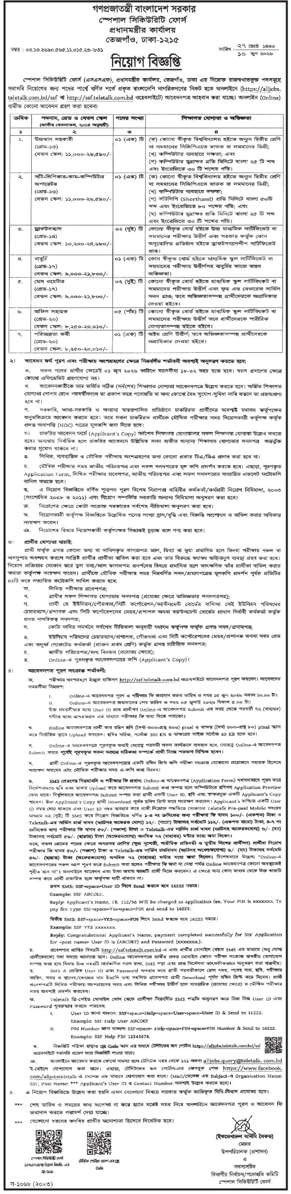 স্পেশাল সিকিউরিটি ফোর্স (এসএসএফ) নিয়োগ বিজ্ঞপ্তি ২০২৬ প্রকাশ, Special Security Force SSF Job Circular 2026, SSF Job Circular 2026